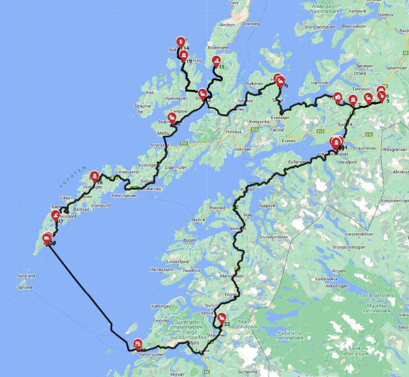 Norway motorhome trip route planner Evenes, Narvik RV Europe
